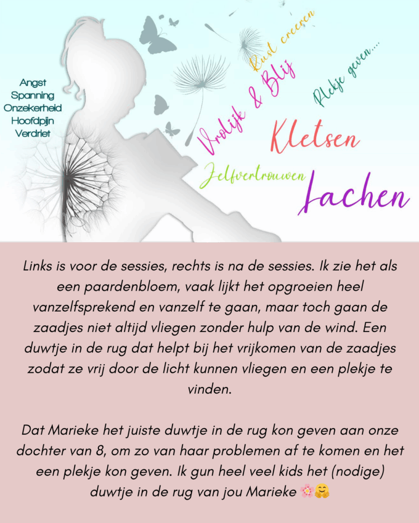 Meisje wat in het begin angst, spanning, onzekerheid, hoofdpijn en verdriet voelde is links van haar afgebeeld, in zwarte grijze tekst. Rechts in kleur staan de woorden vorlijk & blij, rust creëren, plekje geven, kletsen, zelfvertrouwen en lachen.